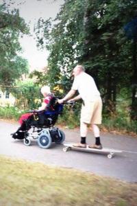 elderly couple on skateboard